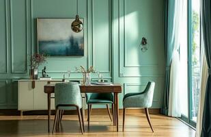 AI generated a dining room decorated with light green walls and furniture photo