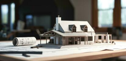 AI generated a model home sitting on a table with various architectural drawings, photo