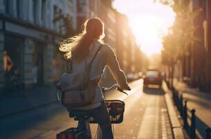 AI generated a lady riding a bike down a street at sunrise photo