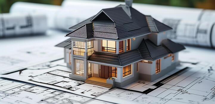 AI generated a model home sitting on a table with various architectural drawings, photo