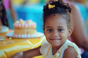 AI generated a little girl is sitting at a party table with a cake in her hand photo