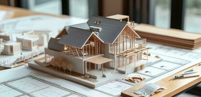 AI generated a model home sitting on a table with various architectural drawings, photo