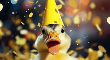 AI generated a duck in a party hat with confetti all over photo