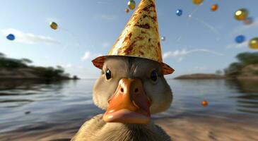 AI generated a small duck wearing a party hat photo