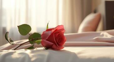 AI generated a bed with a pink rose on top of petal photo