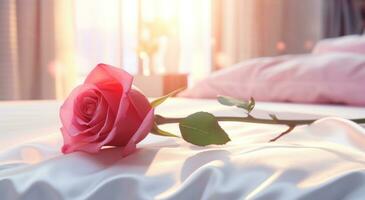 AI generated a bed with a pink rose on top of petal photo