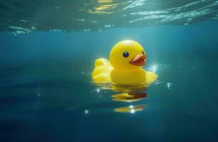 ai generado un caucho Pato en el piscina con algunos Dom luces foto