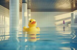 ai generado un caucho Pato en el piscina con algunos Dom luces foto