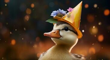 AI generated a small duck wearing a party hat photo