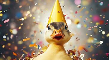 AI generated a duck in a party hat with confetti all over photo
