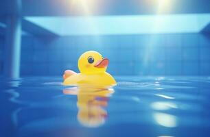 ai generado un caucho Pato en el piscina con algunos Dom luces foto