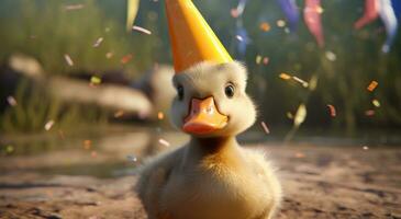 AI generated a small duck wearing a party hat photo