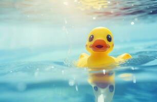 ai generado un bebé caucho Pato es flotante en un piscina foto