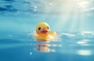 ai generado un bebé caucho Pato es flotante en un piscina foto