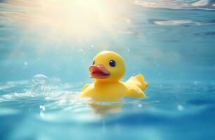 AI generated a rubber duck in the pool with some sun lights photo