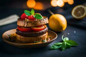 AI generated a stack of pancakes with tomatoes and basil photo