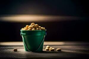 AI generated a bucket filled with peanuts on a table photo