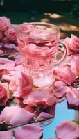 ai generado un antiguo pasado de moda taza con rosado Rosa pétalos foto