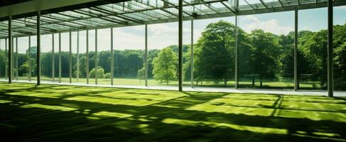 AI generated a green grass field with sunlight streaming through the glass photo