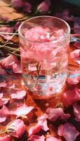 AI generated an old fashioned cup with pink rose petals photo