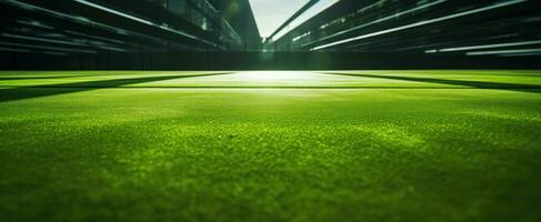 AI generated a green field with artificial grass and some sunbeams photo