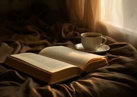 AI generated a cup cup of coffee with a book on top of a bed photo