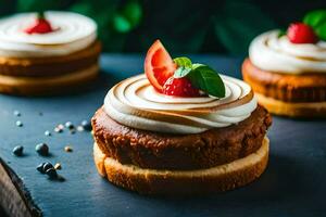 pequeño pasteles con crema y bayas en un negro antecedentes. generado por ai foto