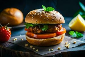 a hamburger with tomatoes and lettuce on a wooden table. AI-Generated photo