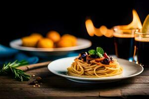 spaghetti with meatballs and vegetables on a plate. AI-Generated photo