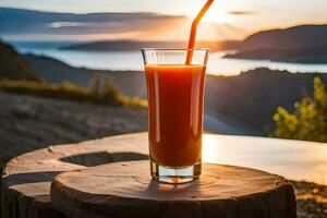 a glass of orange juice with a straw on top of a wooden table. AI-Generated photo