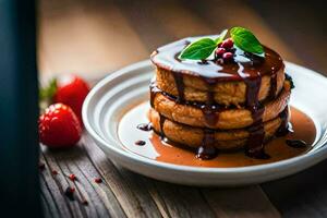 stack of pancakes with chocolate sauce and strawberries. AI-Generated photo