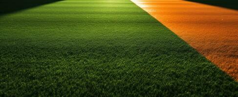 AI generated a green field with artificial grass and some sunbeams photo