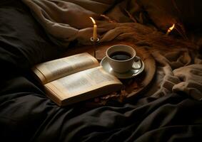 AI generated a cup cup of coffee with a book on top of a bed photo