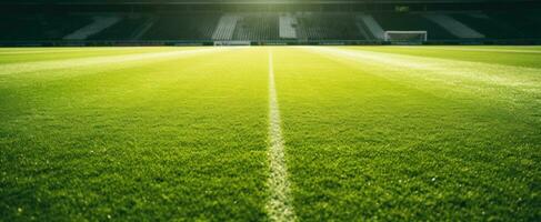 AI generated green soccer field with sun shining through on yellow grass photo