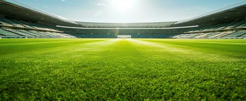 AI generated green soccer field with sun shining through on yellow grass photo