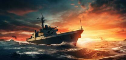 ai generado un hermosa militar barco en el Oceano a puesta de sol foto
