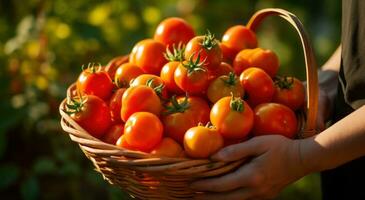 AI generated a person is a hand holding up a basket of tomatoes photo