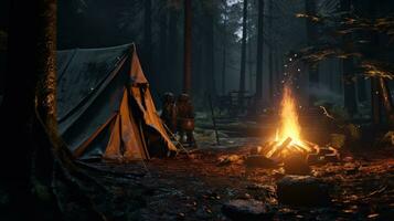 ai generado un tienda en el bosque con fuego y leña foto