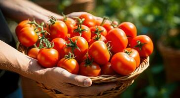 AI generated a hand is holding a basket of red tomatoes photo