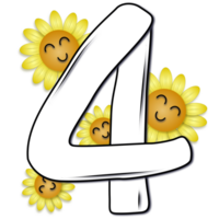 Hand drawn number four decorated with smiling sunflower png