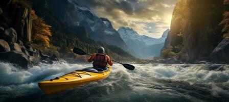 ai generado un hombre kayak abajo un río con alto cascada, montañas y corriendo río antecedentes foto