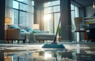AI generated house cleaning in city with blue mop on top of glass photo