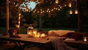 AI generated an outdoor dining area with lights strung on it photo