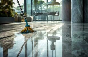 AI generated a mop cleaning the floor outside a home photo