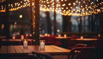 AI generated dining tables under a lights on a roof covered in trees photo