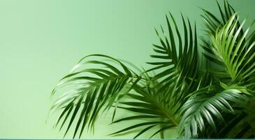 AI generated green palm leaves against a green wall photo