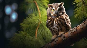 AI generated an owl sits on the branch of some pines photo