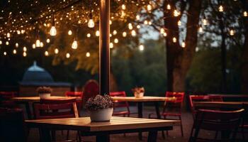 ai generado comida mesas debajo un luces en un techo cubierto en arboles foto