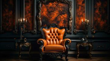 AI generated an orange leather chair and an orange frame near shabby chic wallpaper photo