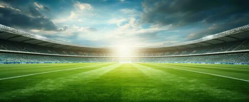 AI generated green soccer field with sun shining through on yellow grass photo